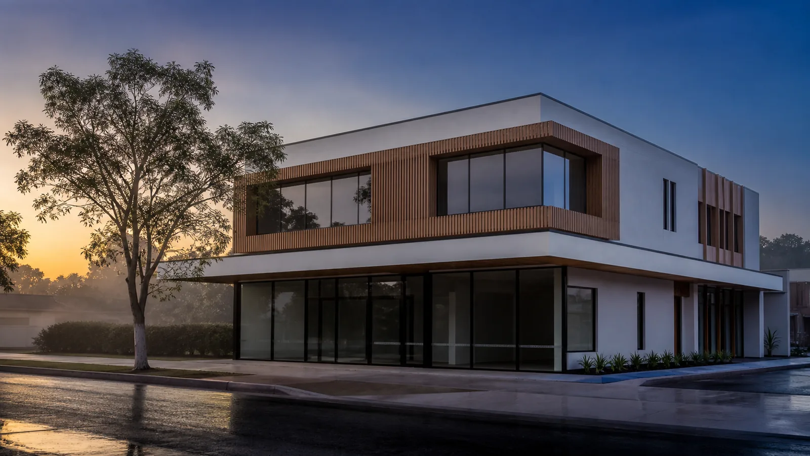 AI-generated illustration: a small two-storey office at dawn, lights off.